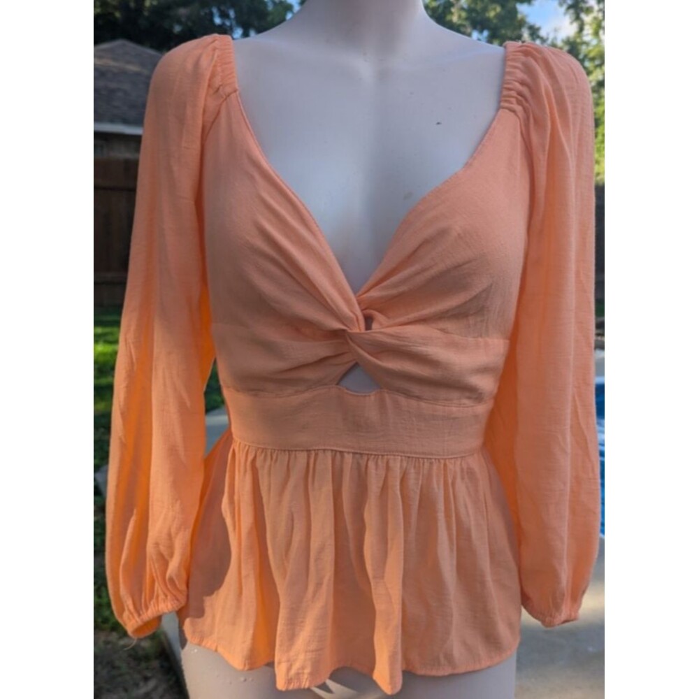 Mi Ami Boho Ruffle Smocked Baby Doll Top Peach Medium Flutter Puff Sleeve Summer
